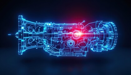 A detailed, glowing representation of an intricate engine's internal components, highlighted by vibrant blue and red accents.