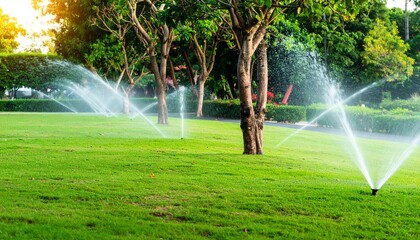 Automatic Sprinklers Watering Lush Green Lawn in a Picturesque Garden Setting