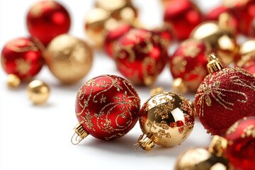 Decorative red and gold Christmas ornaments scattered on a white surface for festive decoration in the holiday season Generative AI