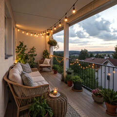 Cozy balcony oasis with string lights and lush greenery