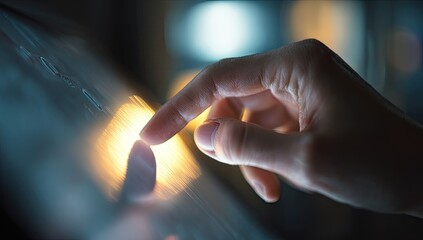 A hand touching a glowing interactive screen