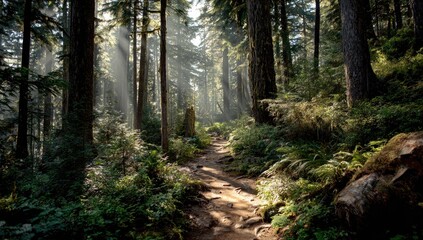 Obraz premium Sunbeams illuminating a forest trail