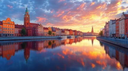 Colorful European cityscape at sunset reflecting in still river