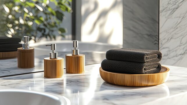 Elegant bathroom interior with bamboo accessories and marble details design concept