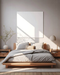 Sunlight streams across a modern bedroom with a minimalist platform bed and blank canvas art