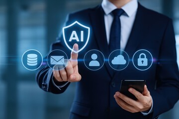 A person in a business suit interacts with digital icons representing elements of artificial intelligence security.