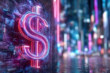 A neon dollar sign glows against a futuristic city background, reflecting a vibrant and dynamic urban environment.