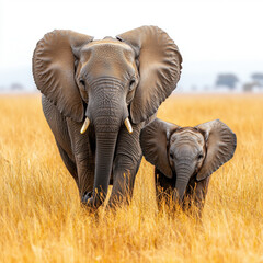 Fototapeta premium elephants grazing in tall grass.