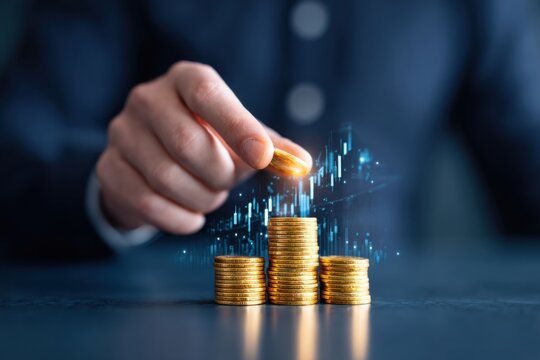 A hand adds a coin to a stack, symbolizing investment and financial growth, with digital graphs indicating market trends.
