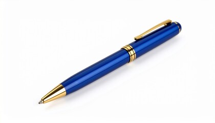 Naklejka premium Elegant blue pen with gold accents diagonally placed on white background