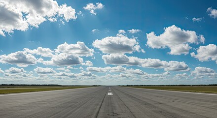 Vast airport runway stretches toward horizon under a bright blue sky filled with fluffy white clouds promising clear travels and open opportunities ahead