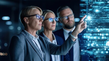 Three professionals analyze digital data in a modern office setting, showcasing teamwork and technology in action.