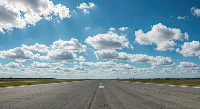 Vast airport runway stretches toward horizon under a bright blue sky filled with fluffy white clouds promising clear travels and open opportunities ahead