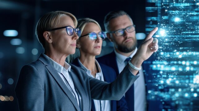 Three professionals analyze digital data in a modern office setting, showcasing teamwork and technology in action. - Powered by Adobe