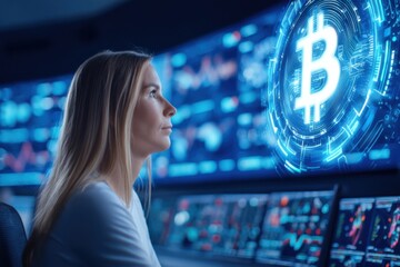A woman gazes intently at multiple screens displaying cryptocurrency data and a prominent Bitcoin symbol, highlighting the world of digital finance.