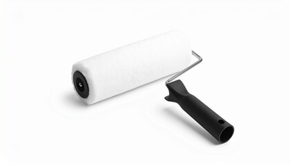 Clean white paint roller with black ergonomic handle on plain white background