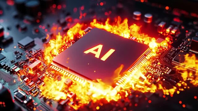 A computer chip on fire with the word AI on it