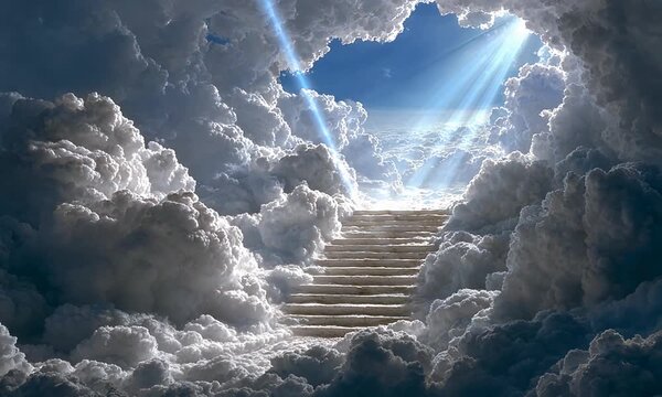 Majestic image depicting a staircase ascending through fluffy clouds to bright light. Light beams pierce the sky.