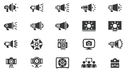 Media communication and broadcasting icons set with megaphone, loudspeaker, spotlight, camera, monitor, film, news, video and presentation symbols
