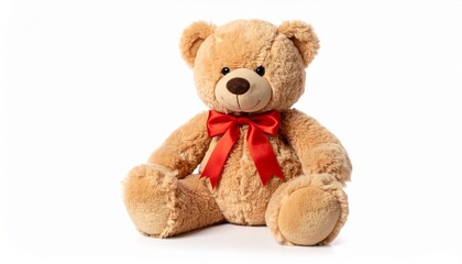 Light brown teddy bear with red ribbon sitting upright on plain white background