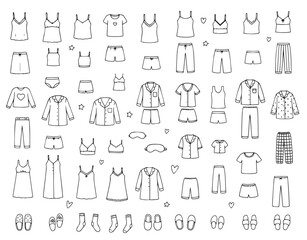 Vector illustration showcasing a collection of diverse sleepwear outfits in minimalistic black and white style. Includes pajamas, nightgowns, slippers, and accessories. 