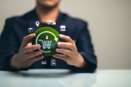 A person holds a green sphere with a shopping cart icon surrounded by various digital symbols, representing the fusion of e-commerce and lifestyle choices.
