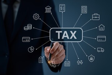 A hand pointing to a tax-related graphic interface with interconnected financial icons.