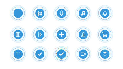 Pack of pulsing circles with icons for buttons, status, loading. Transparent alpha background. Icon of car, music, notification, play, pause, stop, add, microphone, cart, wifi, check, video, success.