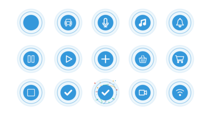 Pack of pulsing circles with icons for buttons, status, loading. Transparent alpha background. Icon of car, music, notification, play, pause, stop, add, microphone, cart, wifi, check, video, success.