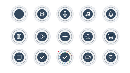 Pack of pulsing circles with icons for buttons, status, loading. Transparent alpha background. Icon...