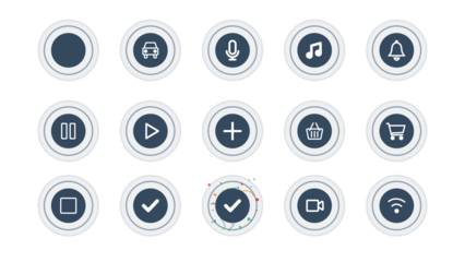 Pack of pulsing circles with icons for buttons, status, loading. Transparent alpha background. Icon of car, music, notification, play, pause, stop, add, microphone, cart, wifi, check, video, success.