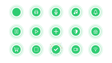 Pack of pulsing circle with icons of car, play, pause, stop, add, microphone, music, notification, shield, shopping cart, wifi, check, video, success. Transparent alpha background.