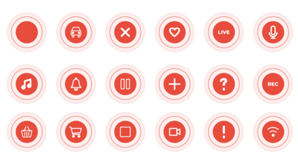 Pack of pulsing circle with icons of car, error, heart, live, microphone, notification, plus, music, recording,  pause, stop, wifi, video, shopping cart, status indicator. Transparent alpha background