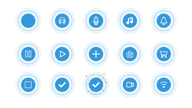 Pack of pulsing circles with icons for buttons, status, loading. Transparent alpha background. Icon of car, music, notification, play, pause, stop, add, microphone, cart, wifi, check, video, success.
