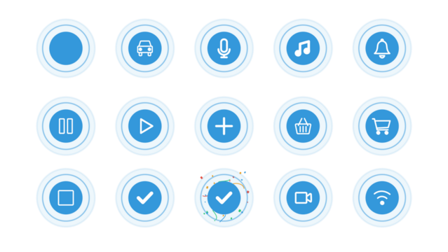 Pack of pulsing circles with icons for buttons, status, loading. Transparent alpha background. Icon of car, music, notification, play, pause, stop, add, microphone, cart, wifi, check, video, success.