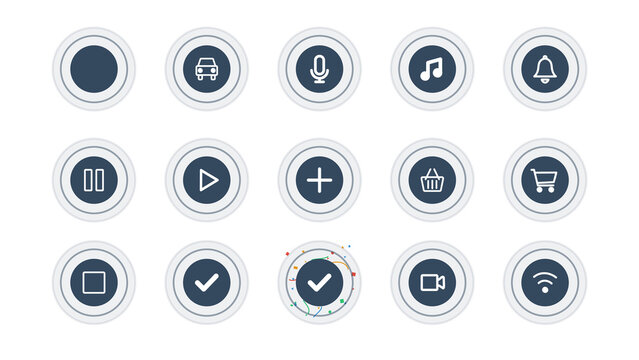 Pack of pulsing circles with icons for buttons, status, loading. Transparent alpha background. Icon of car, music, notification, play, pause, stop, add, microphone, cart, wifi, check, video, success.