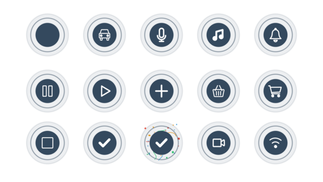 Pack of pulsing circles with icons for buttons, status, loading. Transparent alpha background. Icon of car, music, notification, play, pause, stop, add, microphone, cart, wifi, check, video, success.