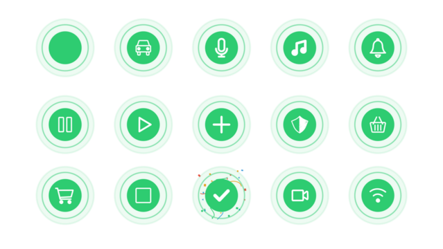 Pack of pulsing circle with icons of car, play, pause, stop, add, microphone, music, notification, shield, shopping cart, wifi, check, video, success. Transparent alpha background.
