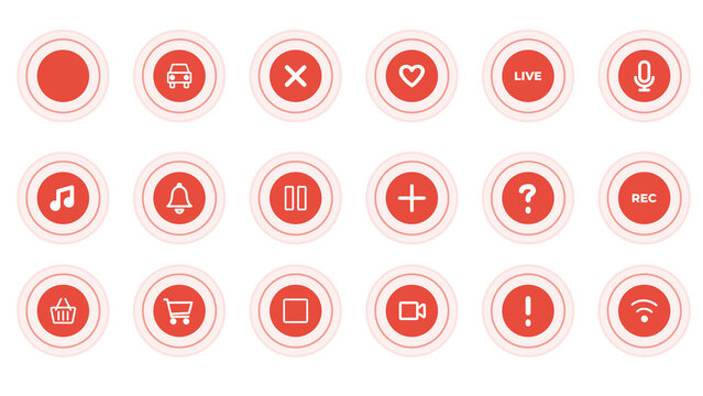 Pack of pulsing circle with icons of car, error, heart, live, microphone, notification, plus, music, recording, pause, stop, wifi, video, shopping cart, status indicator. Transparent alpha background