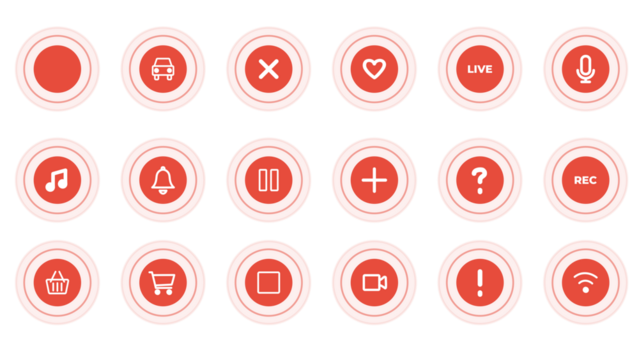 Pack of pulsing circle with icons of car, error, heart, live, microphone, notification, plus, music, recording,  pause, stop, wifi, video, shopping cart, status indicator. Transparent alpha background