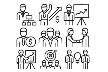 Icons illustrating business activities and professional interactions in a modern office setting