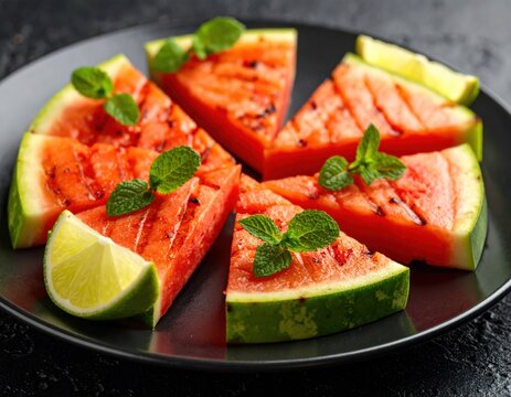 Delicious grilled watermelon triangular slices are neatly arranged on a dark plate, accented with vibrant green mint leaves and a zesty lime wedge for a refreshing treat.