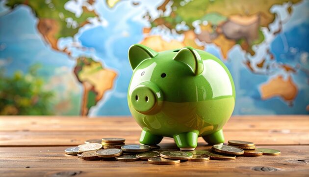 A vibrant green piggy bank sits atop a wooden surface surrounded by golden coins, against a world map backdrop, symbolizing financial planning, investment, and global savings.