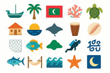 Naklejka premium Maldives Cultural Icons Set Beach Ocean Wildlife Symbols