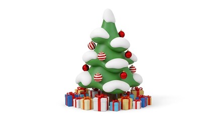 Whimsical cartoon christmas tree with festive ornaments and gifts isolated on white background