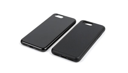 Two black smartphone cases sit side-by-side, showcasing sleek designs and simple elegance against a white background.