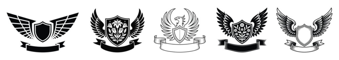 Obraz premium Collection of five black heraldic shields with wings and banners crest emblem