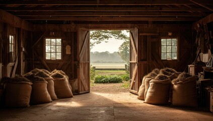 Rustic barn interior with open doors to a field