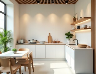 Bright Modern Minimalist Kitchen Interior with Dining Area and Wood Accents