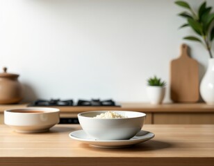 Obraz premium Modern Kitchen Interior with Healthy Food Bowls on Wood Countertop